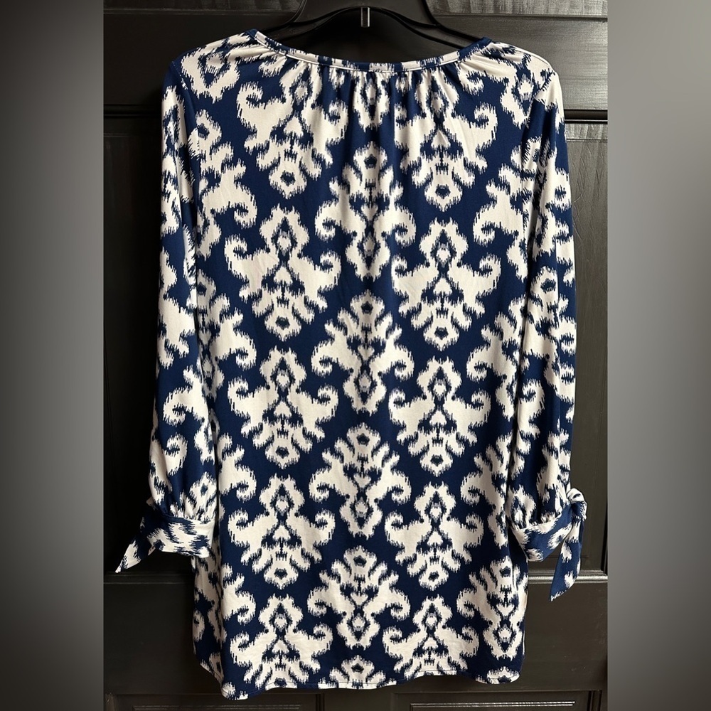 Mud Pie Navy & White Ikat Print 3/4 Length Sleeve Tunic Women’s Size Med (8-10) - Picture 2 of 8